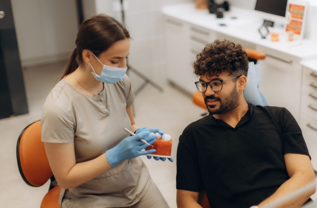 A dental professional using a model of teeth to explain the placement and longevity of dental crowns to a patient.