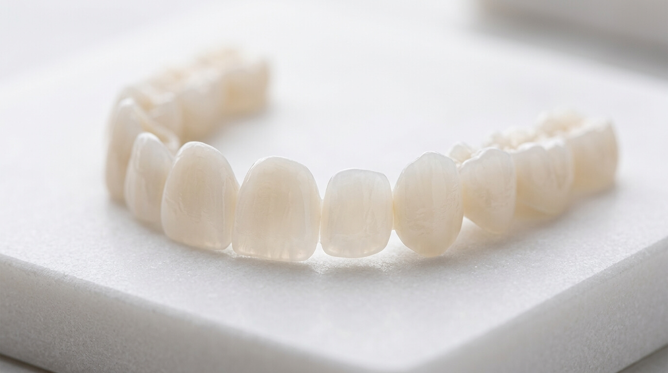 A set of porcelain dental veneers or crowns arranged on a white stone surface, showcasing natural color and realistic texture.