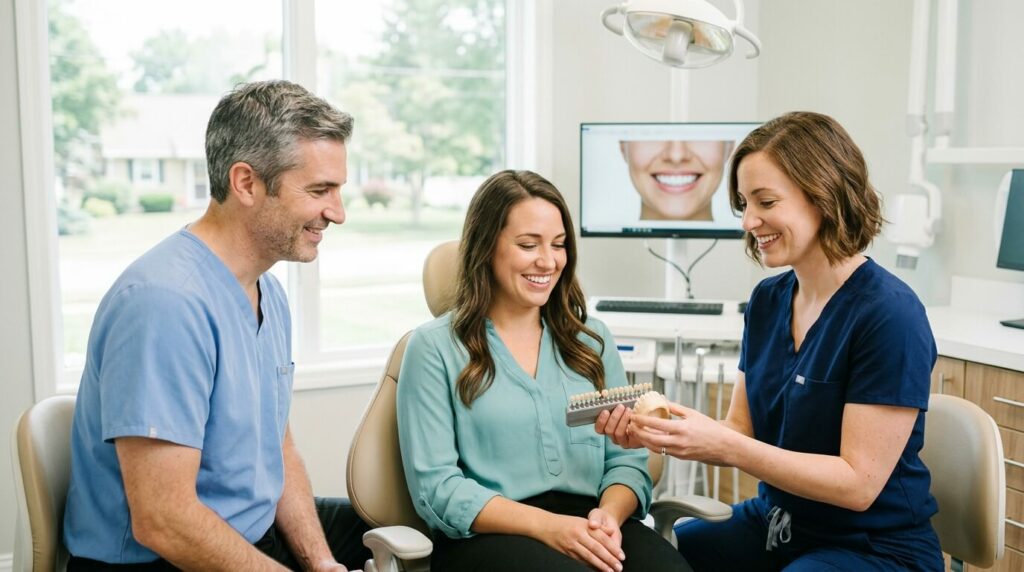 A dental professional showing a tooth shade guide to a smiling female patient while a colleague observes in a modern dental office.