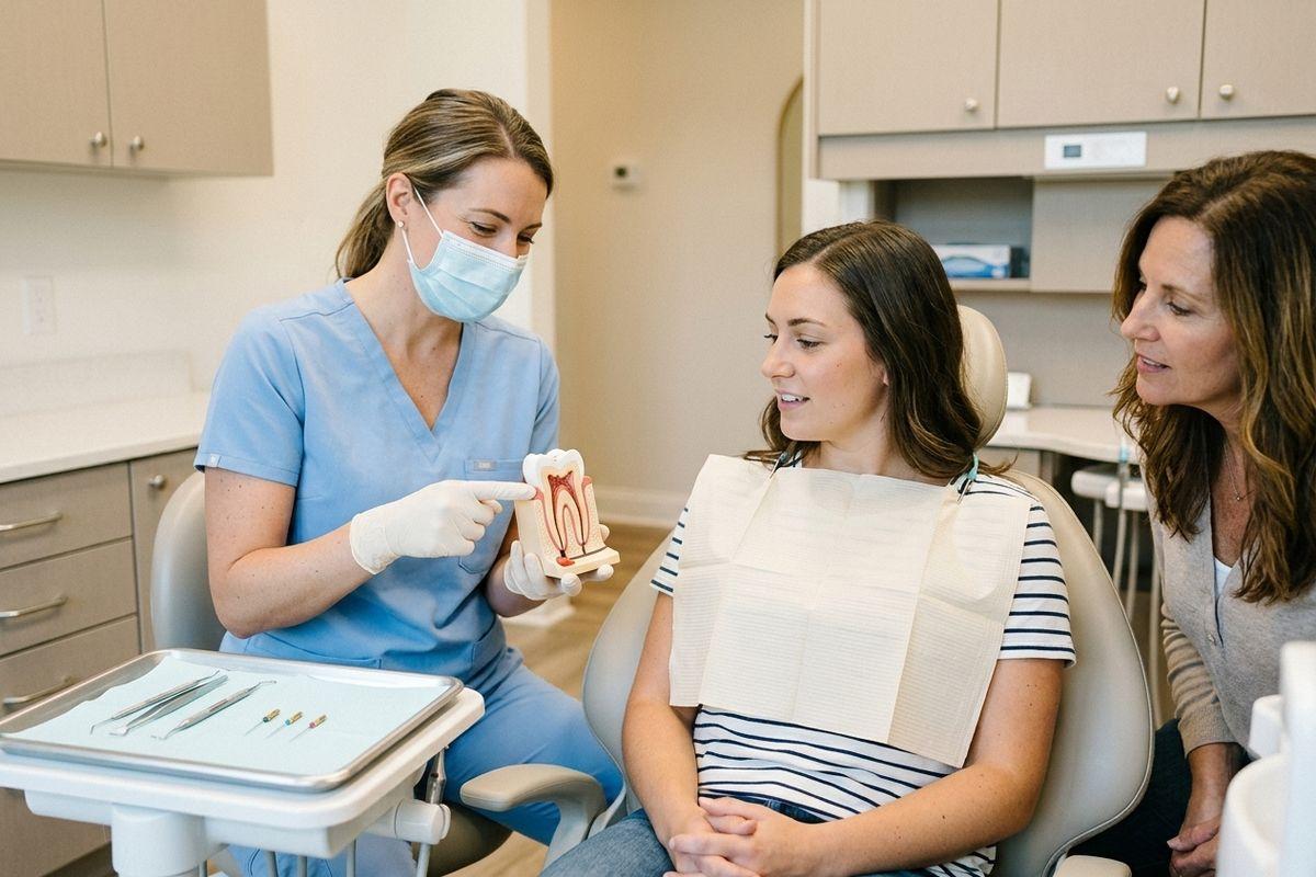 Dentist pointing to a tooth cross-section model for a patient in a dental chair, while a second adult looks on attentively.