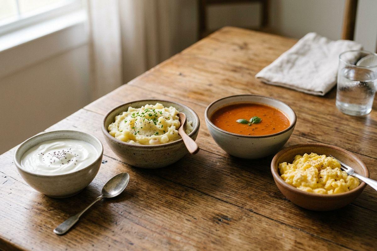 Four ceramic bowls on a wooden table holding yogurt, mashed potatoes, tomato soup, and scrambled eggs, with a spoon, fork, napkin, and glass nearby.
