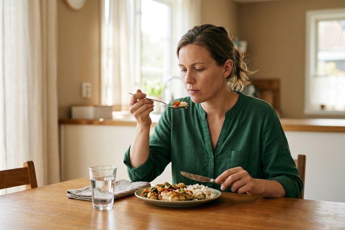 Adult eating a plate of rice and vegetables at a wooden dining table, holding a fork, with a glass of water nearby, in a bright home kitchen.