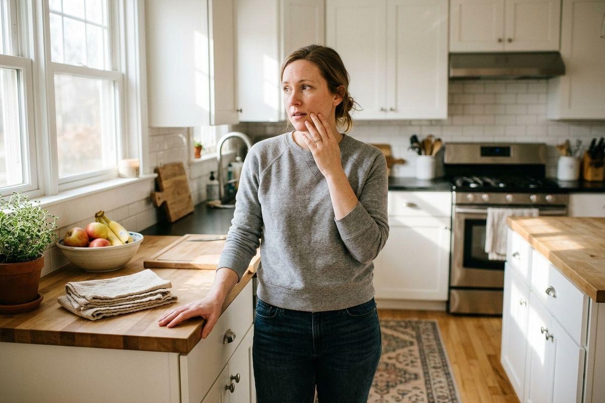 Adult in a grey sweatshirt stands in a sunlit kitchen, hand touching chin, looking away with a thoughtful expression beside a wooden counter.
