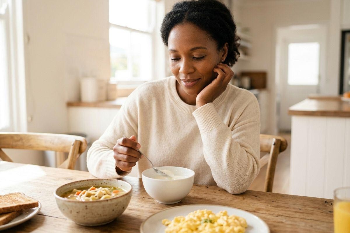 Person sits at a kitchen table with a spoon, smiling at bowls of soup and yogurt, scrambled eggs, toast and juice nearby.